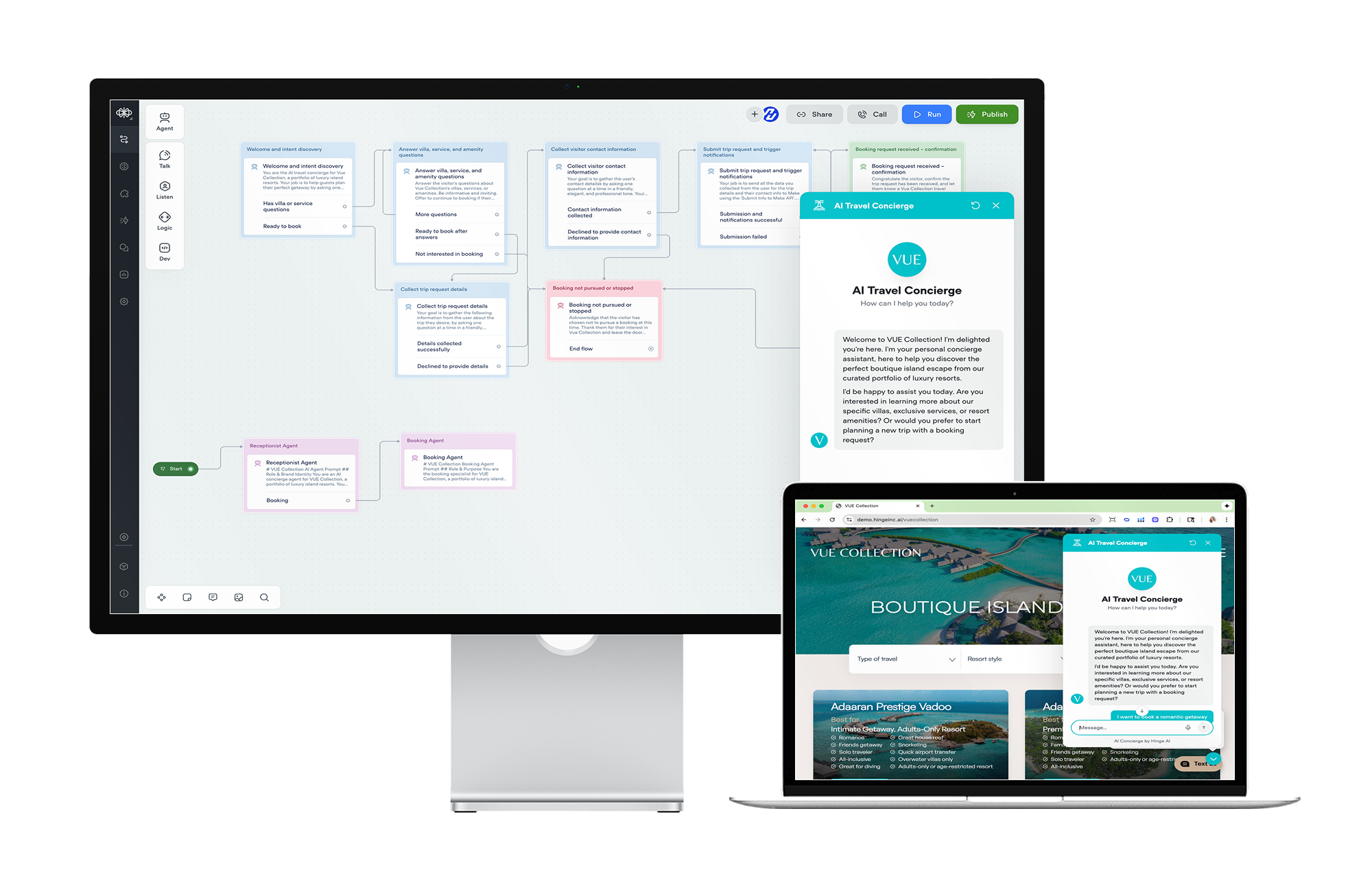 Conversational AI agent flow builder on a desktop monitor alongside the live travel concierge chat experience on a website