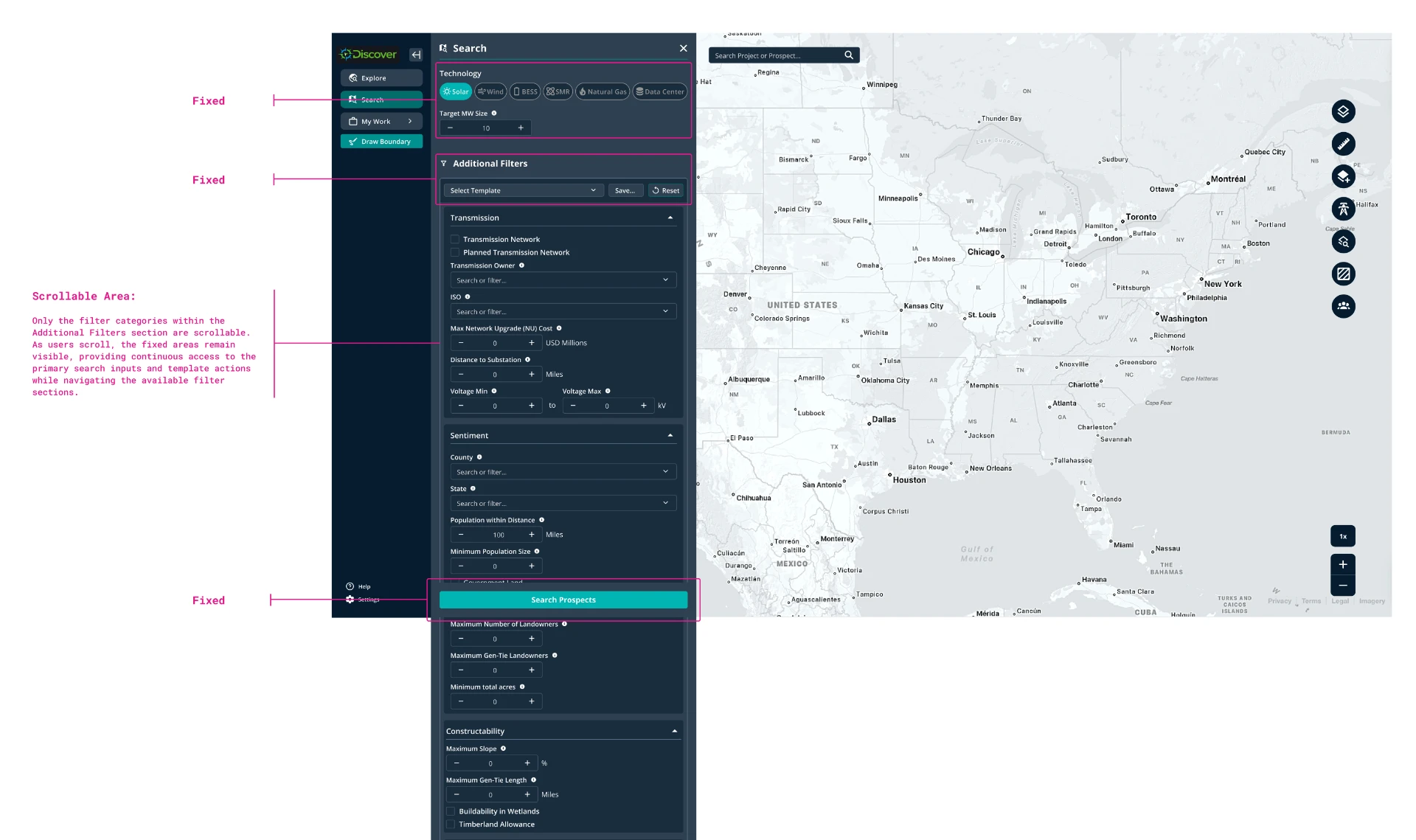 Annotated specification of the Discover search panel showing fixed technology, template, and Search Prospects areas with a scrollable additional filters region beside the map