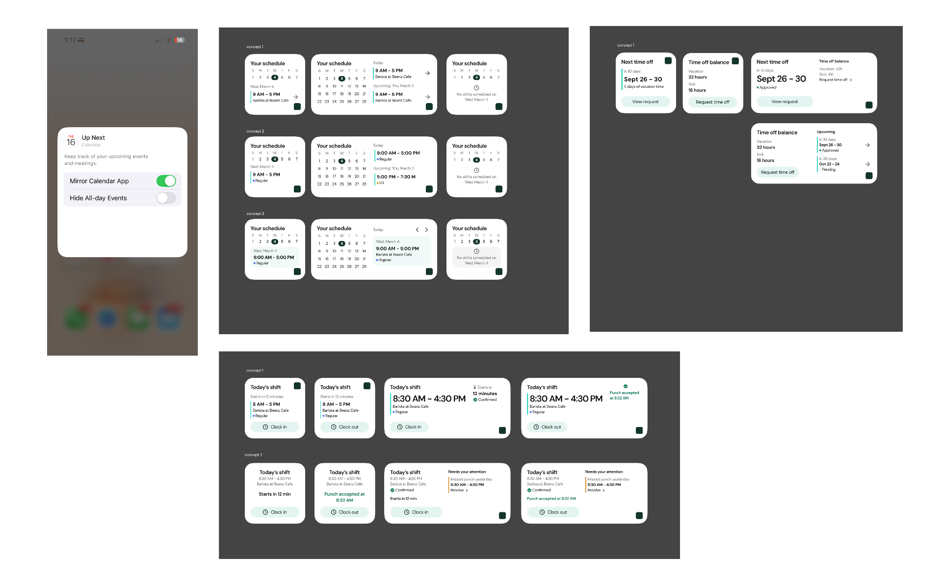 Widget concept explorations for schedule, time off, and today's shift, showing simplified mobile glance states