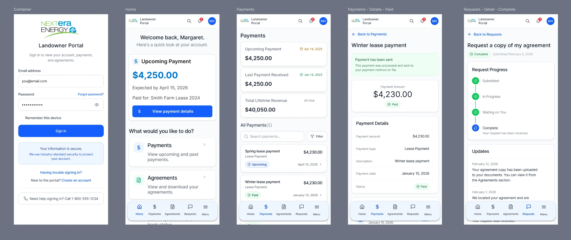 Mobile Landowner Portal screens covering sign-in, home, payments, payment detail, and request status