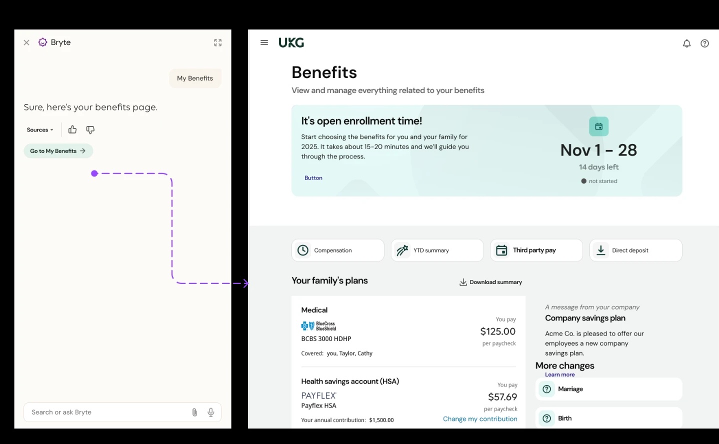 Bryte answering a benefits question and handing off to the full benefits page with open enrollment status and plan details