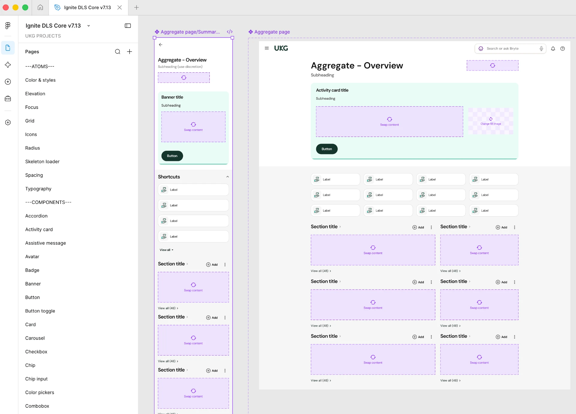 Shared UKG design system library with components, tokens, and page templates