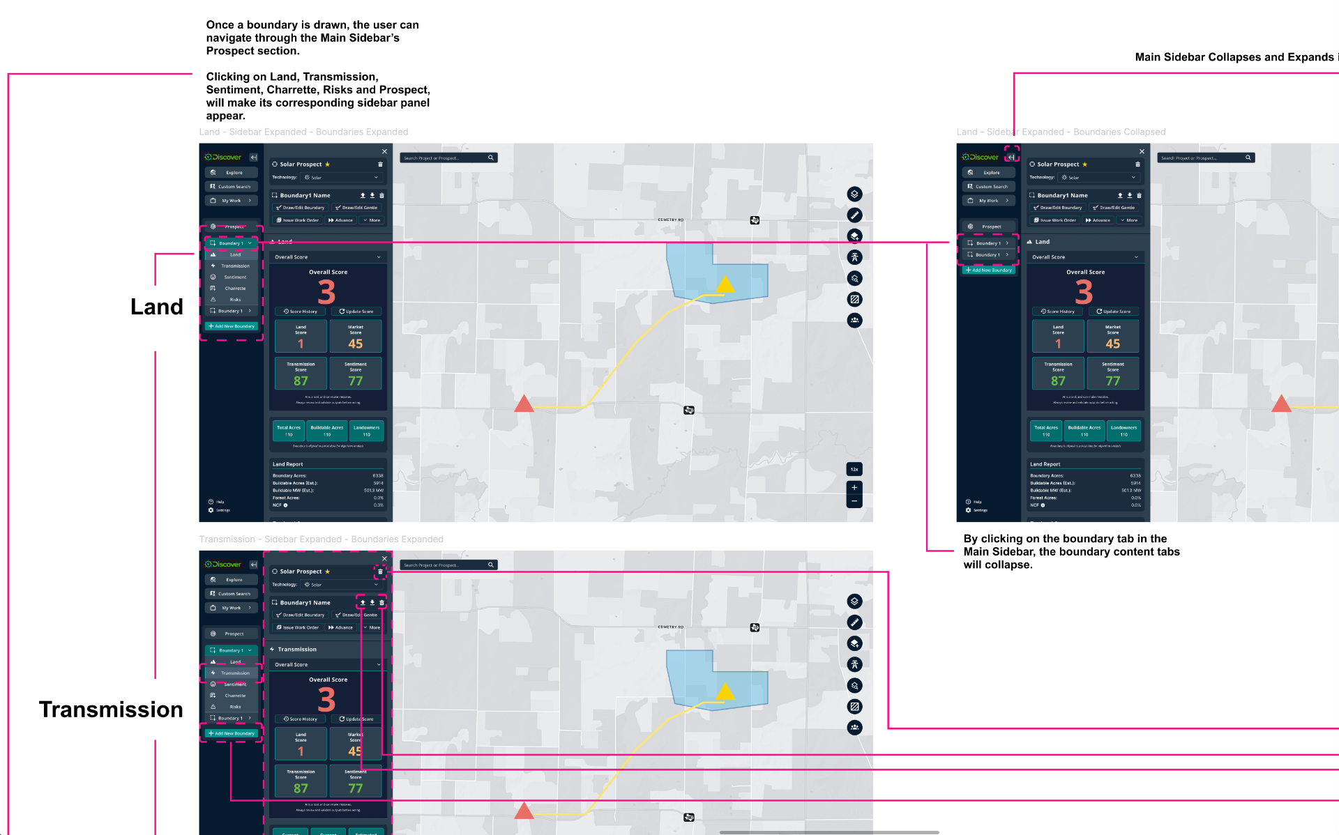 Annotated interaction specification showing the Discover prospect sidebar in expanded and collapsed states across Land and Transmission panels, with boundary scoring and map context