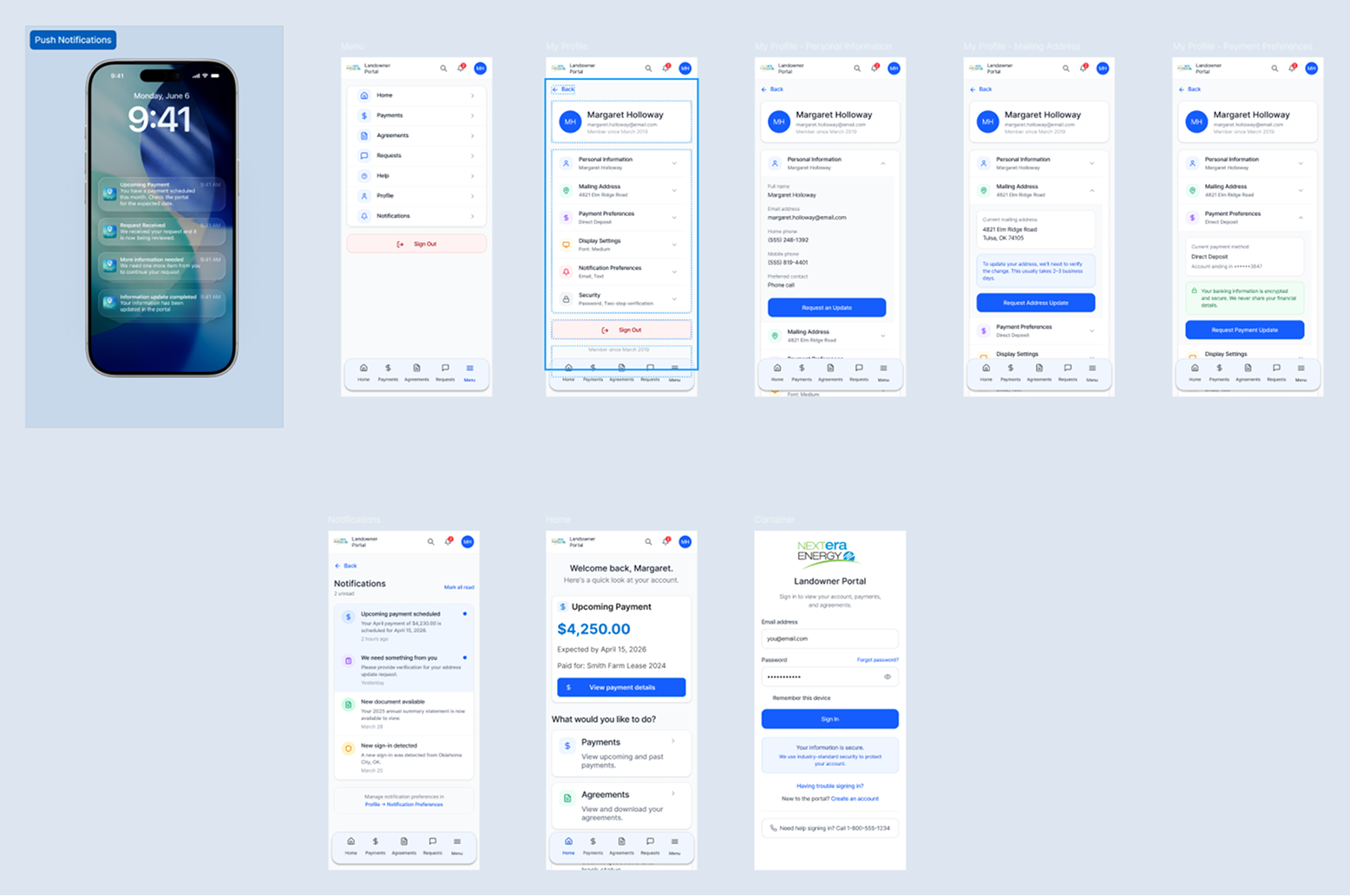 Mobile screens for the landowner portal covering sign-in, home, notifications, profile, and account settings