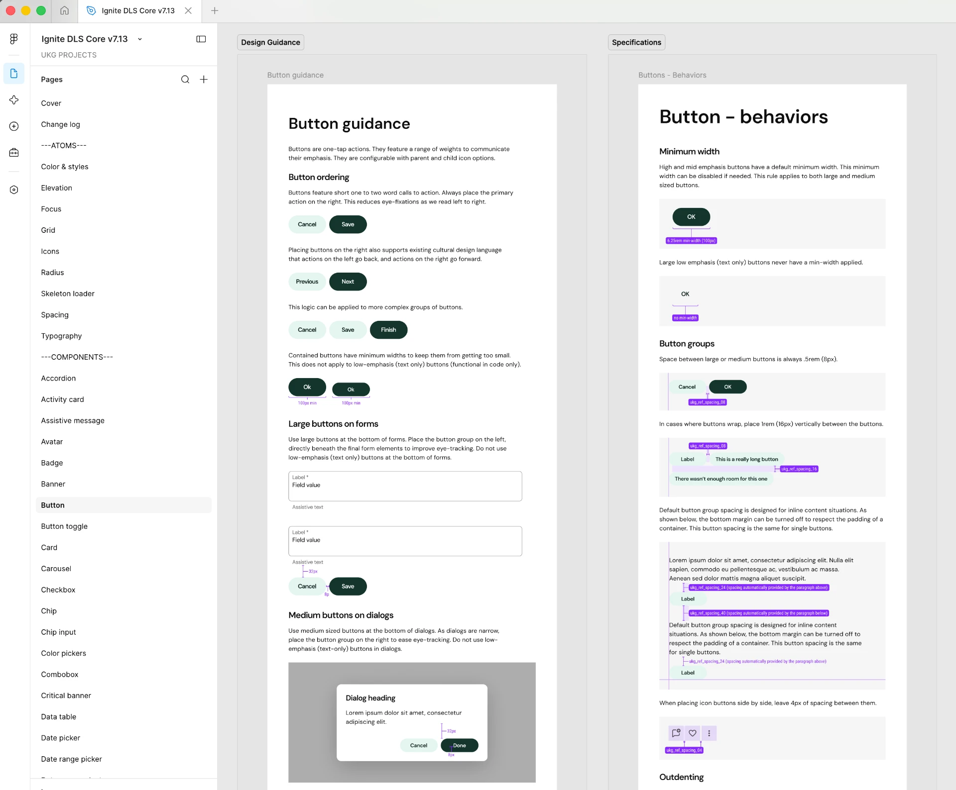 Design system documentation showing button guidance, ordering rules, and behavior specifications