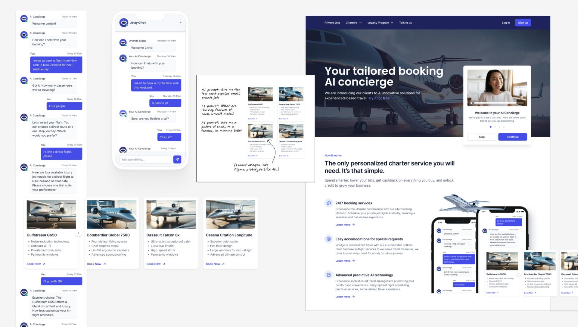 AI concierge chat flows on web and mobile, aircraft selection cards, prompt notes, and the marketing site with the concierge assistant