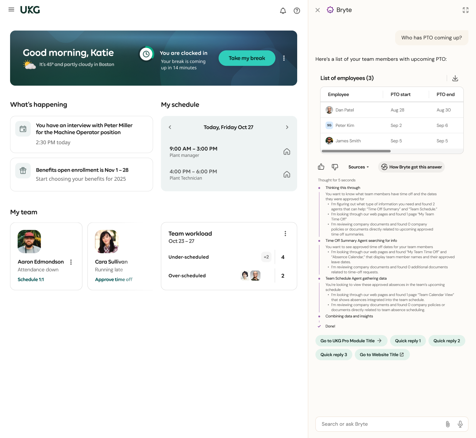 Assistant panel showing a PTO answer with an expanded chain-of-thought view listing the agents and sources consulted