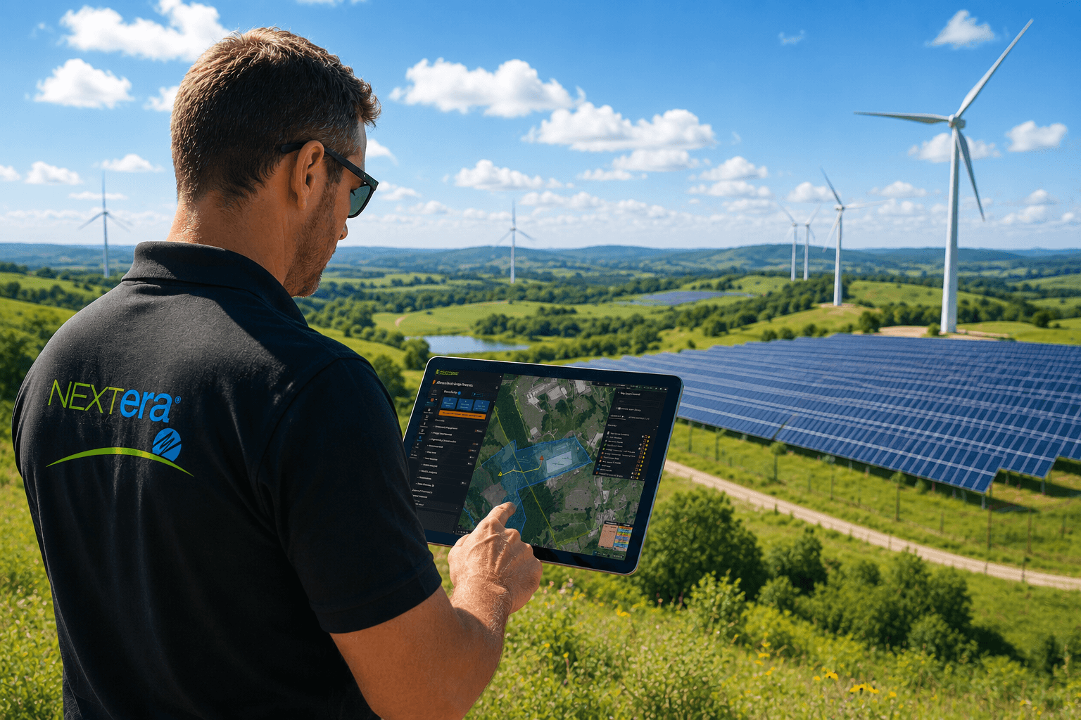 NextEra Energy developer on a hillside reviewing the Discover geospatial prospecting map on a tablet, with wind turbines and a solar array behind him