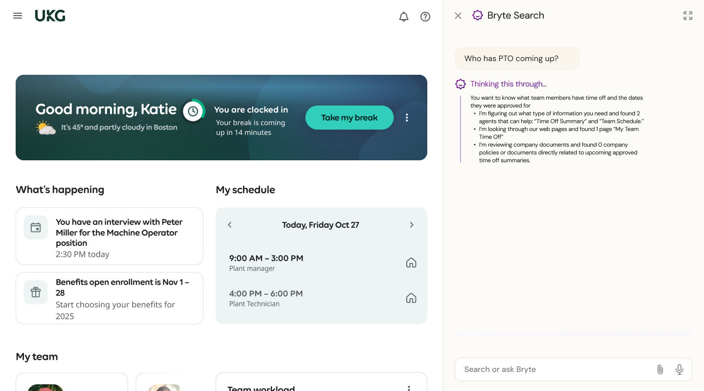 Manager home beside a Bryte Search panel showing a thinking-through view that explains the intent, agents, and sources used to answer a PTO question