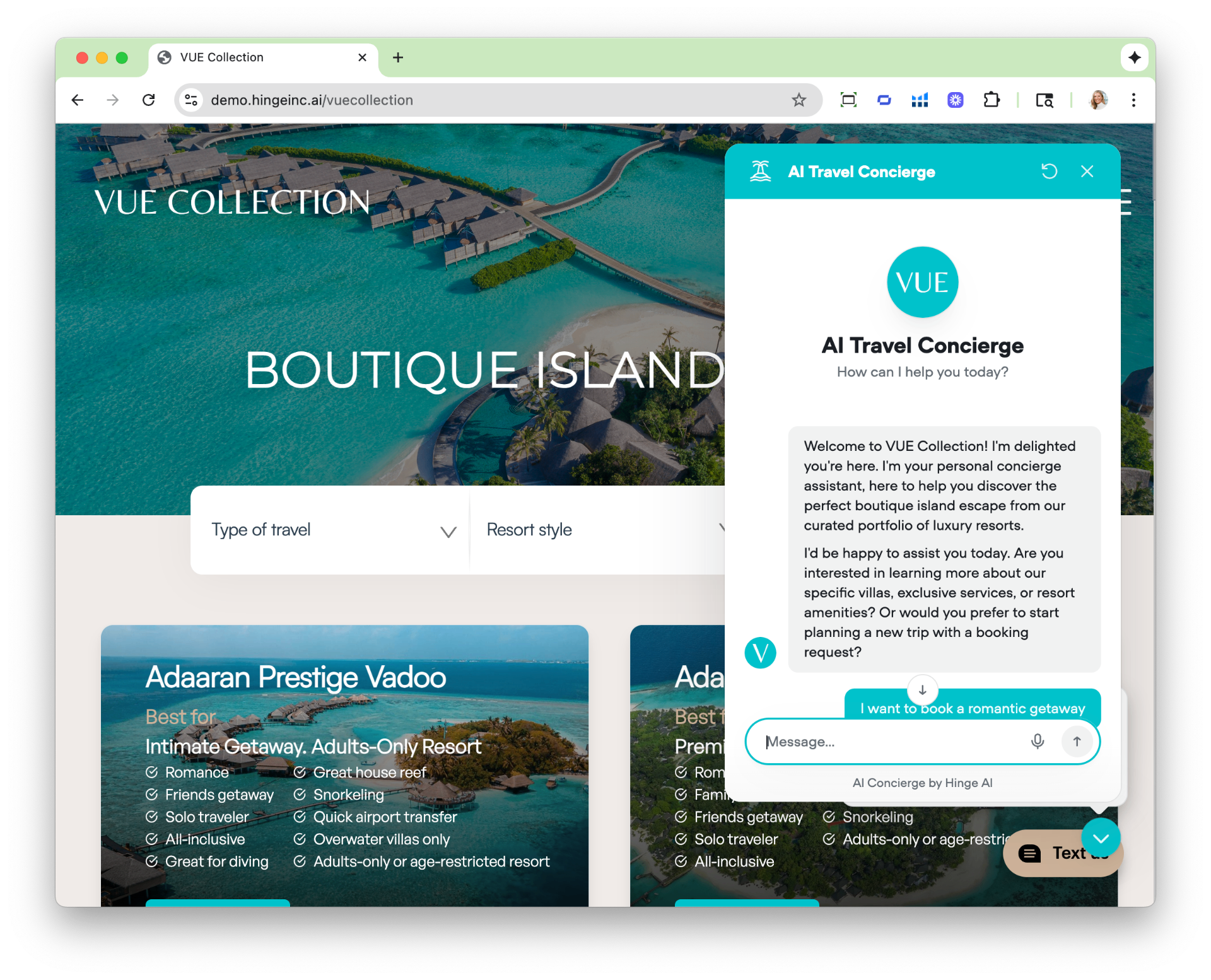 AI travel concierge panel open on a boutique island resort website, helping a guest plan a romantic getaway