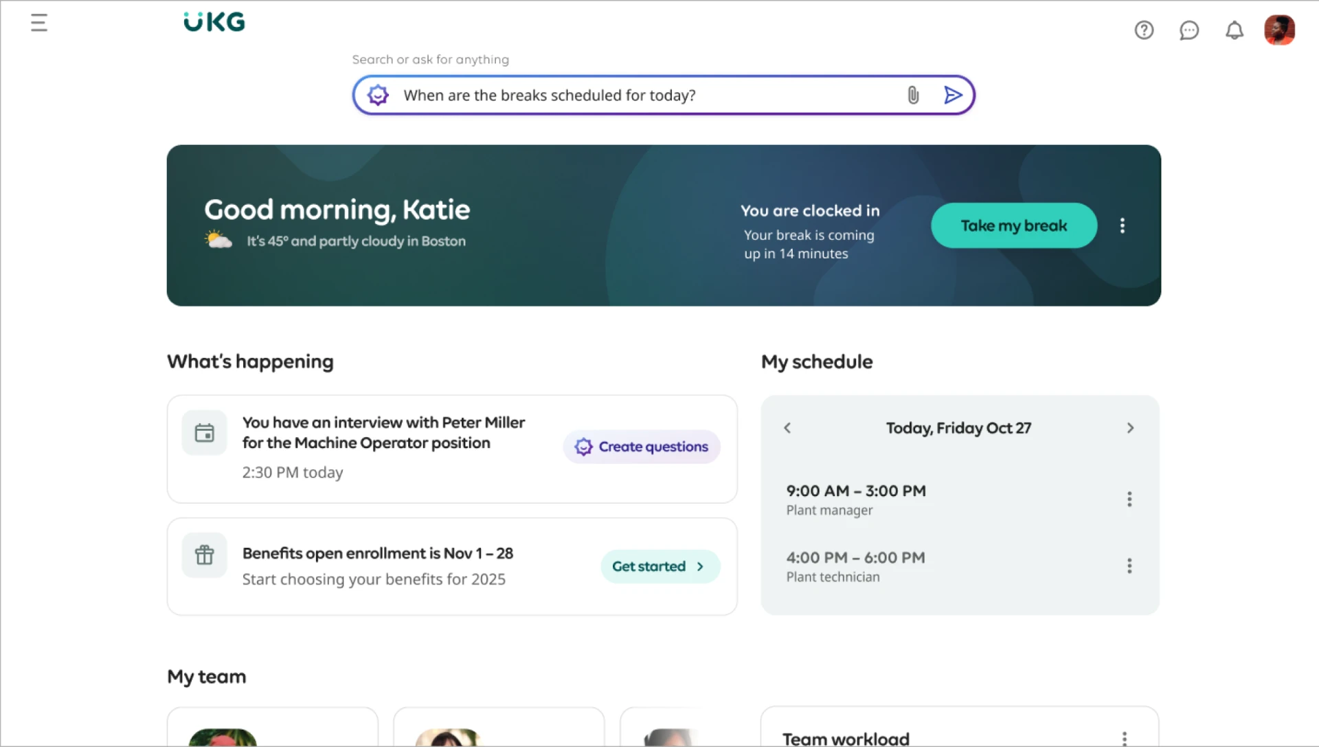 Employee home screen with an ask-anything search bar, personalized greeting, break reminder, what's happening items, and today's schedule
