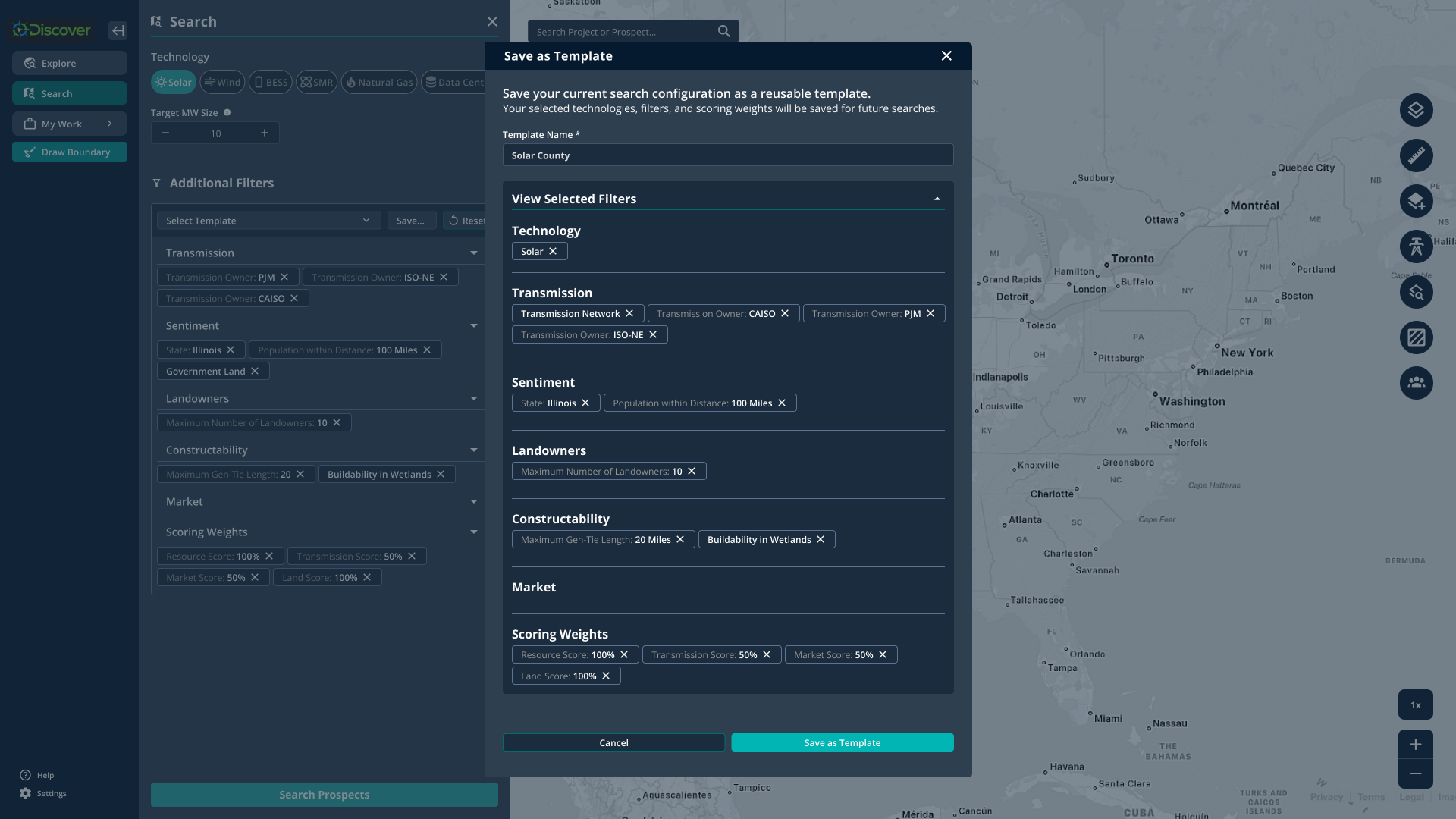 Discover search panel with a Save as Template dialog listing the selected technology, transmission, sentiment, landowner, constructability, and scoring weight filters