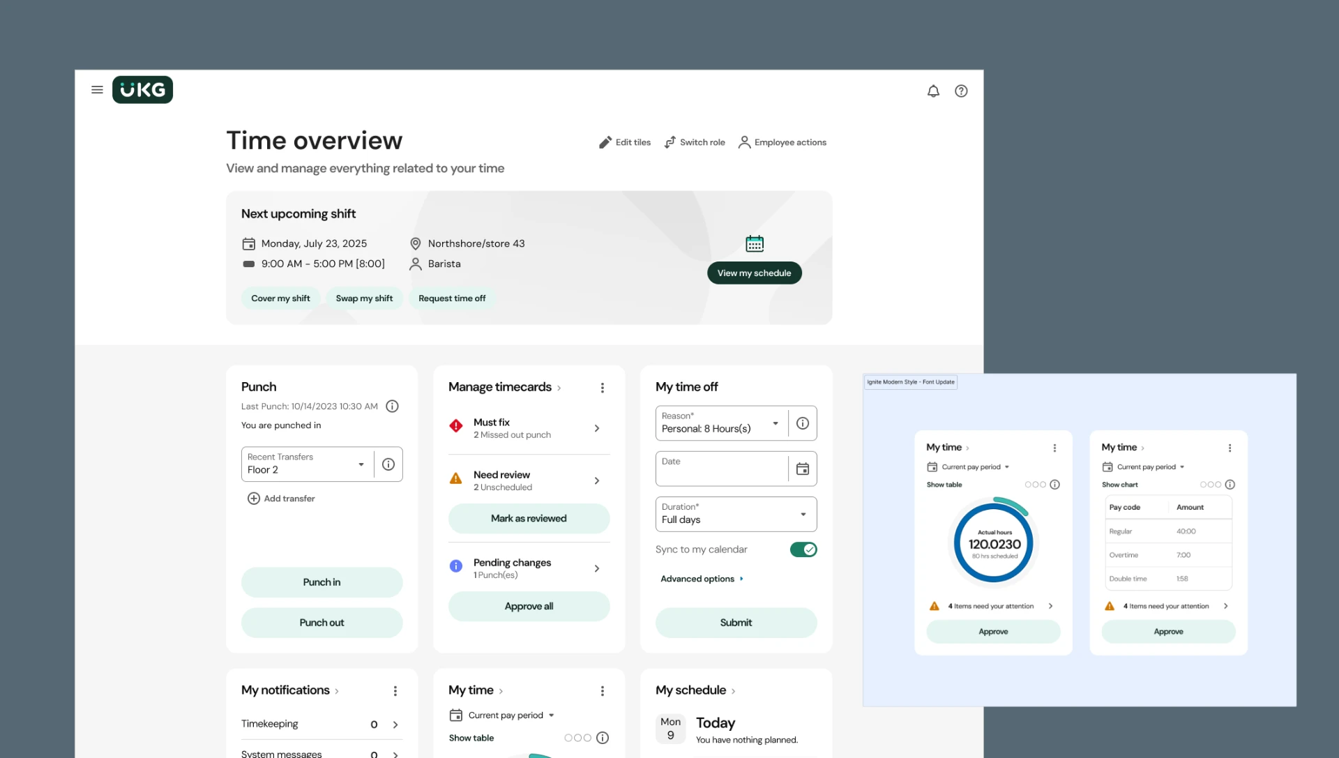 UKG time overview landing page with next upcoming shift, punch, timecard, time off, and schedule tiles arranged by priority