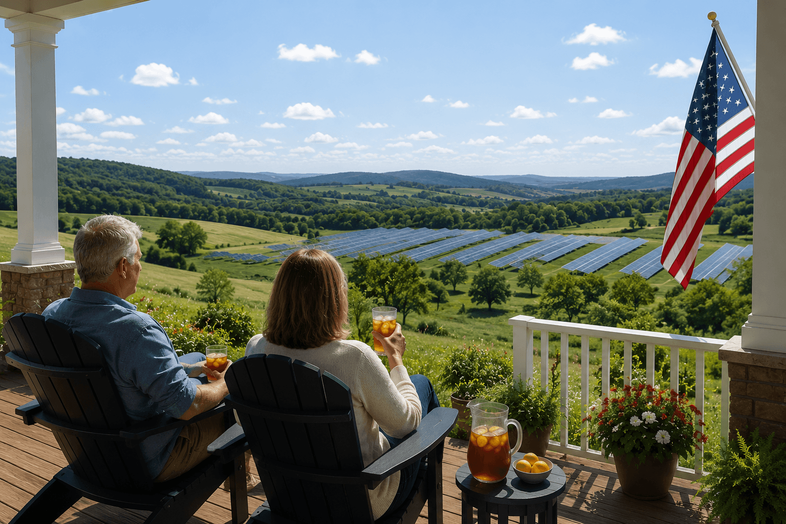 Landowners on their porch overlooking a solar array on their land