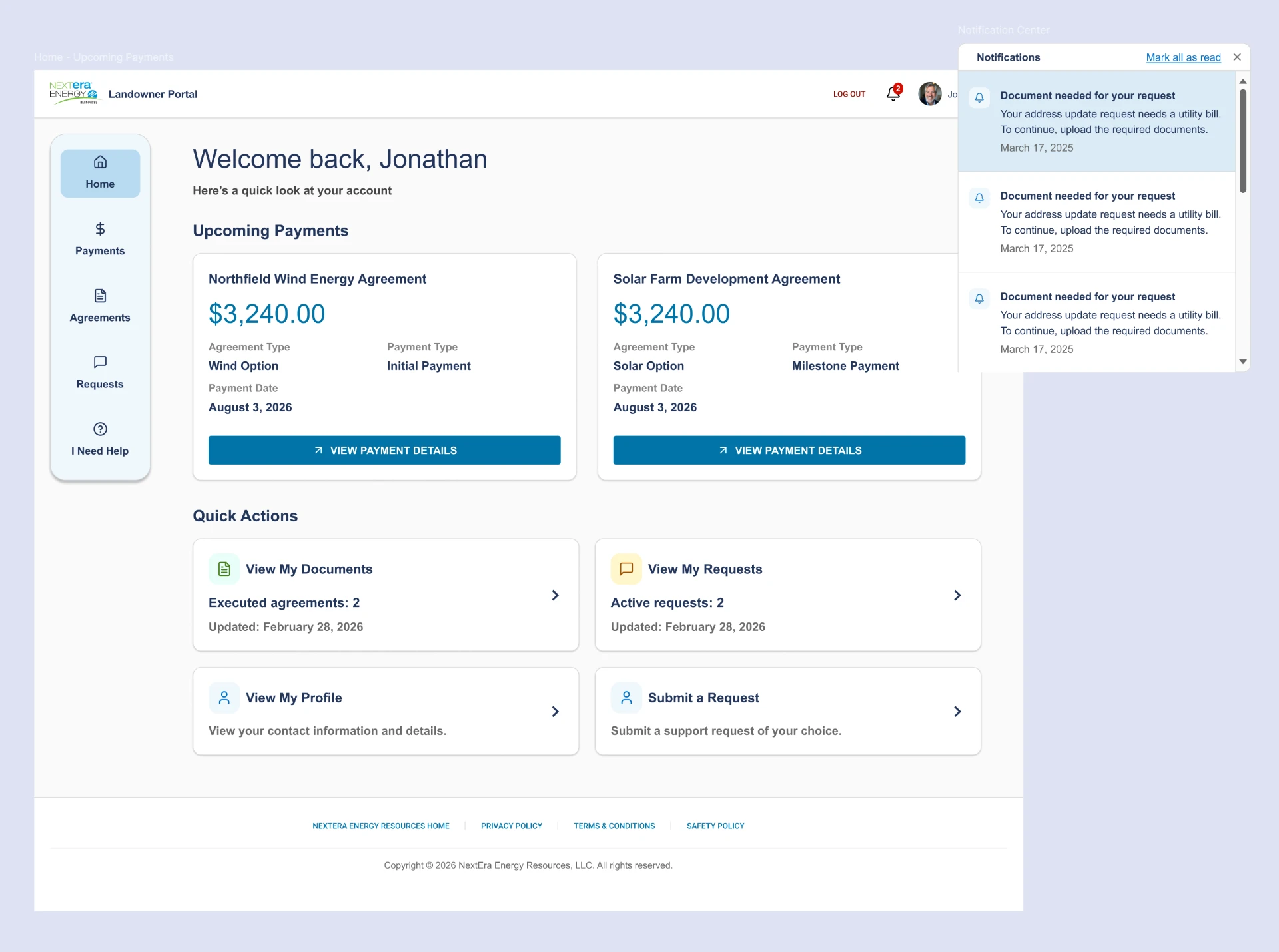 Landowner Portal desktop home screen with upcoming payments, quick actions, and the notification center open