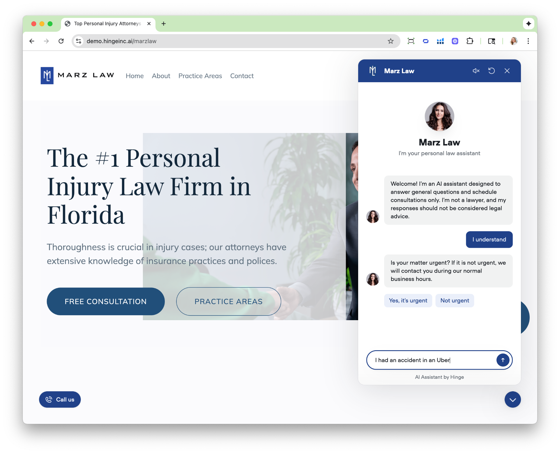 Law firm website with an AI intake assistant panel disclosing it is not a lawyer and asking whether the matter is urgent