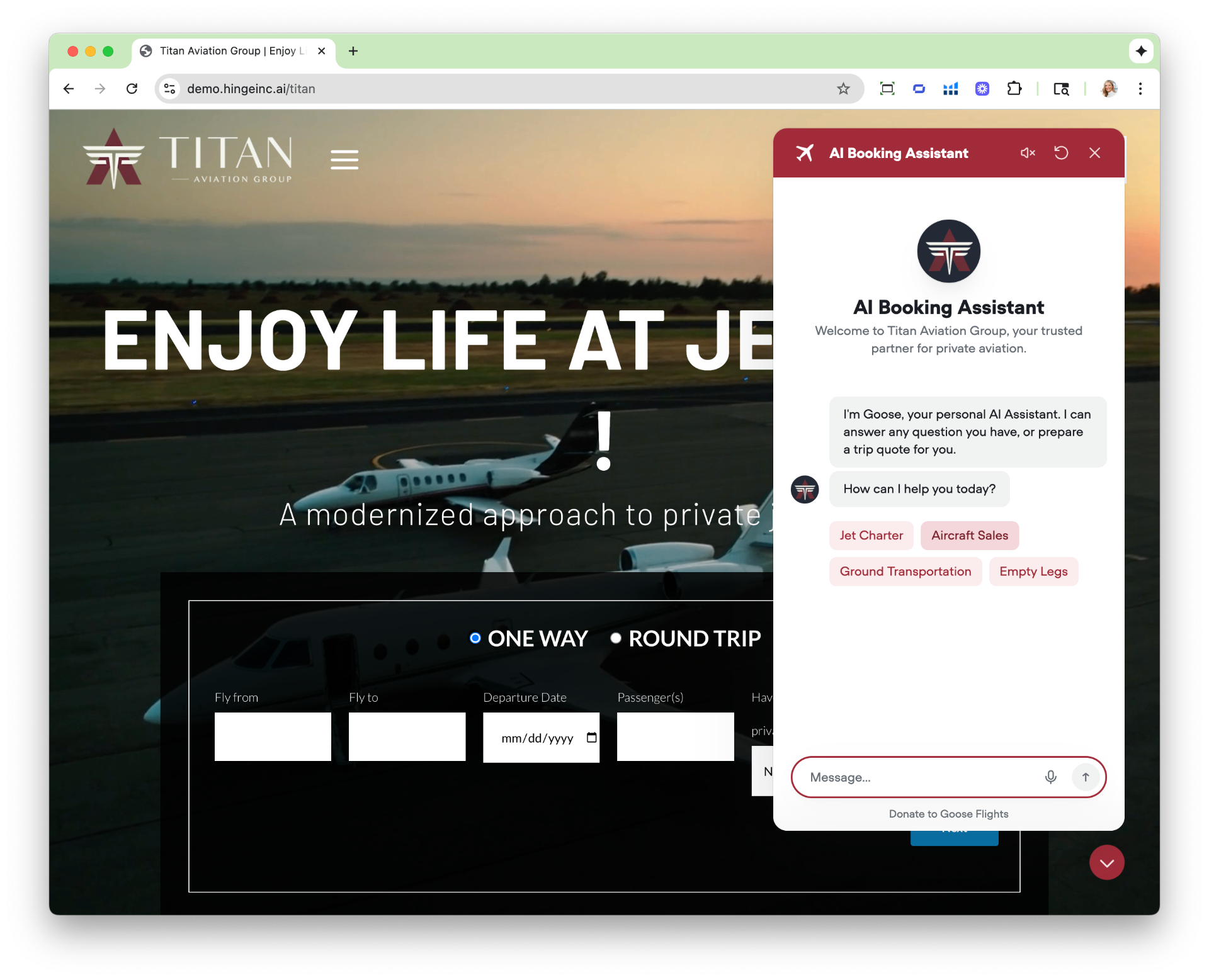 AI booking assistant panel open on a private aviation website, offering jet charter, aircraft sales, ground transportation and empty leg paths