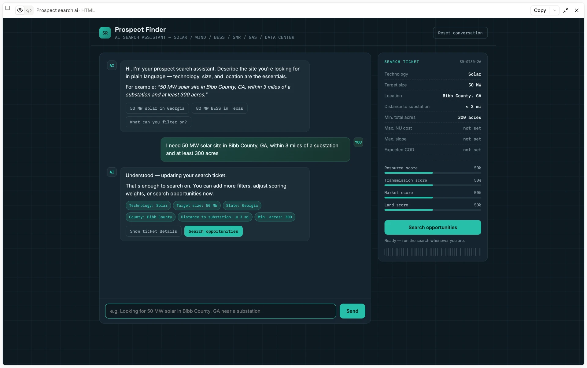 Prospect Finder AI search assistant with a conversational thread and a structured search ticket panel