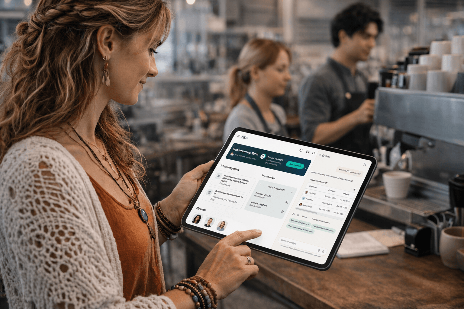 Manager using the AI Workforce Assistant on a tablet in a cafe, viewing schedule, team, and assistant responses