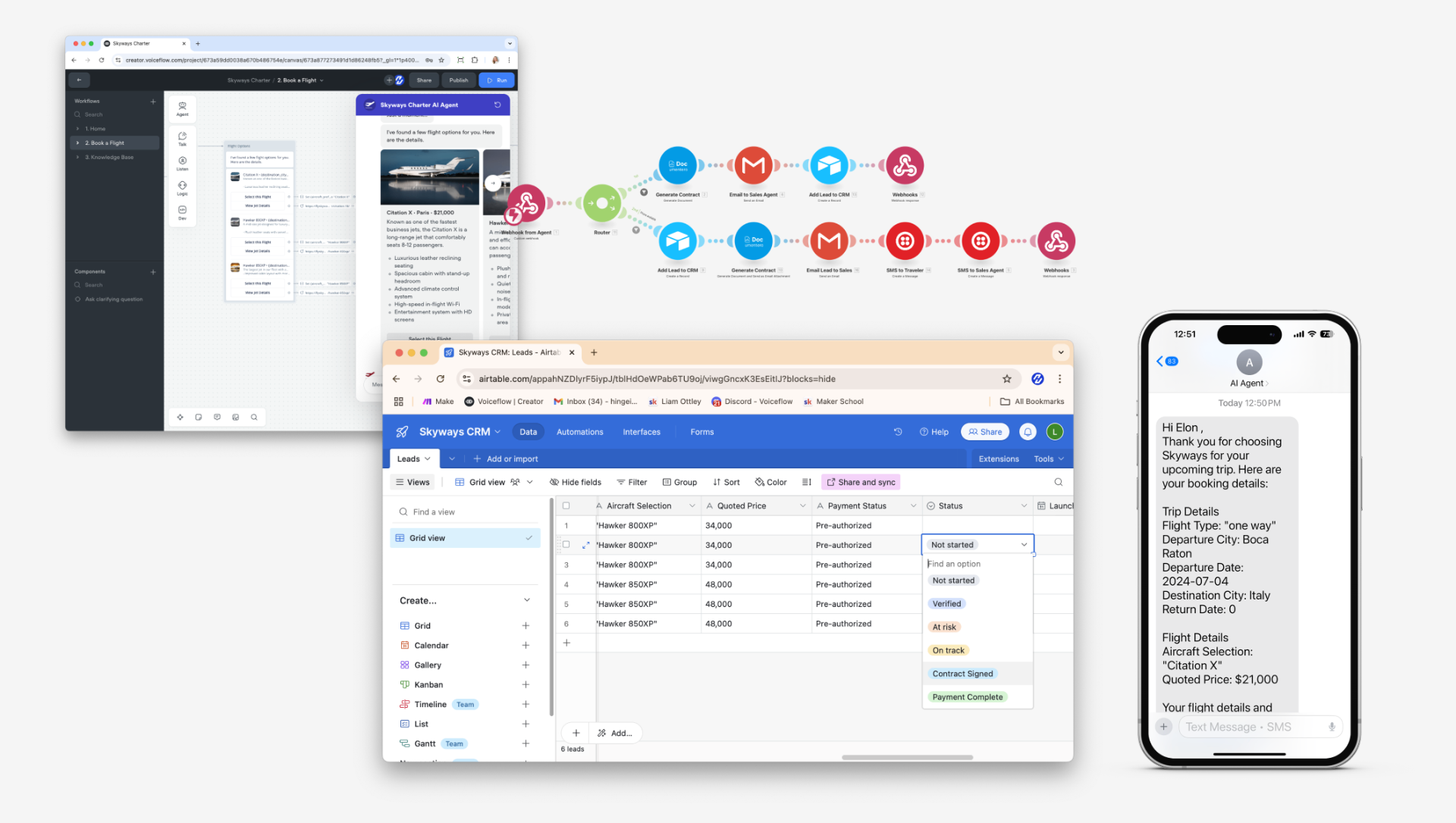 Agent builder, automation scenario branching into CRM, contract, email and SMS steps, a CRM leads table, and the resulting SMS confirmation to the traveler
