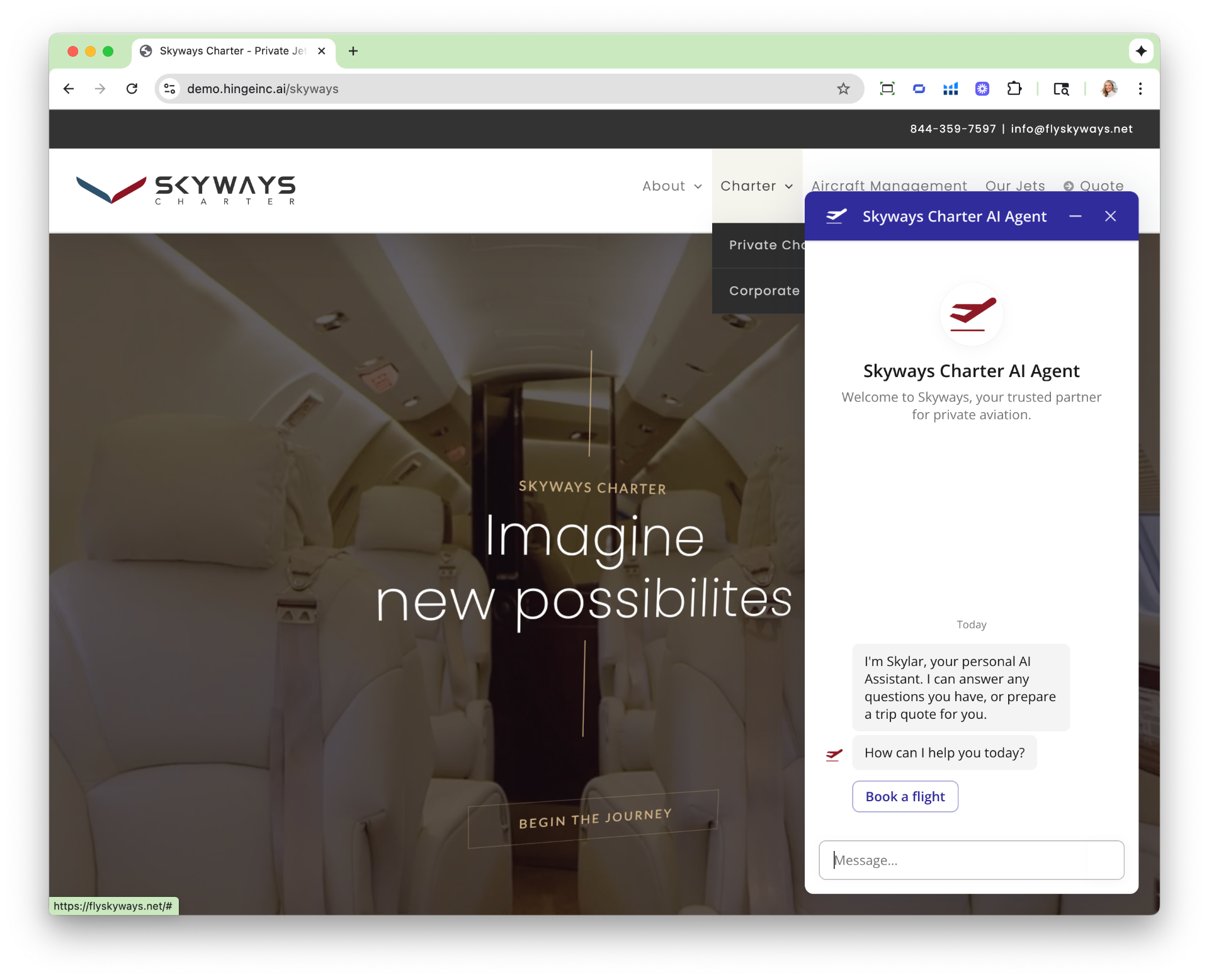 Skyways Charter AI agent panel open on the operator's homepage, introducing itself and offering to book a flight