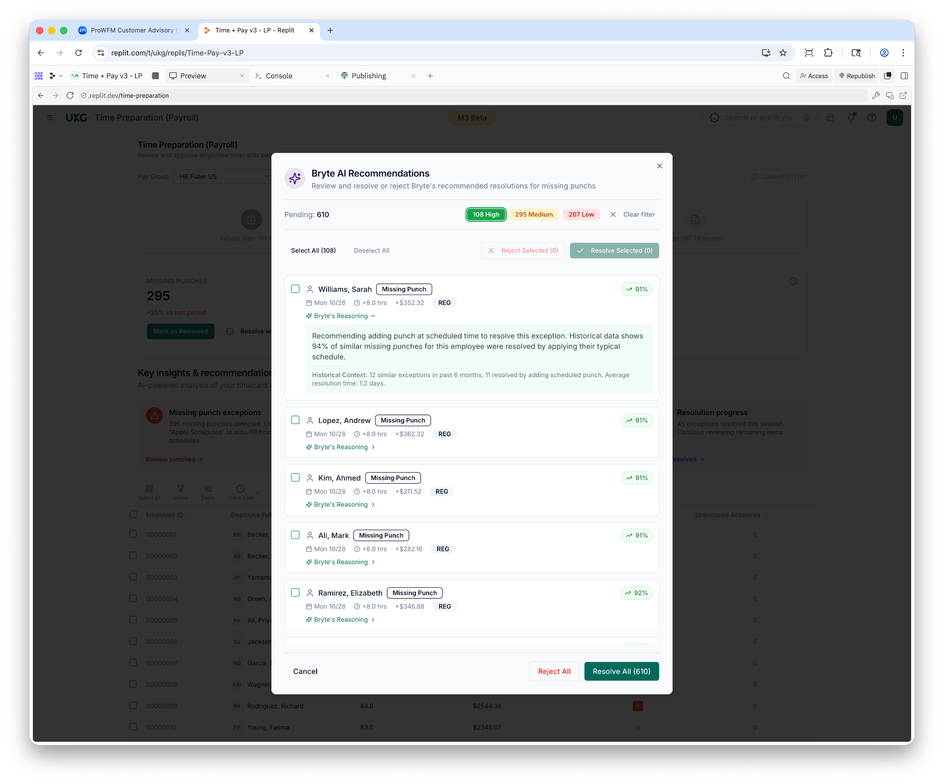 AI recommendations panel listing missing punch exceptions with confidence scores, reasoning, historical context, and resolve or reject actions