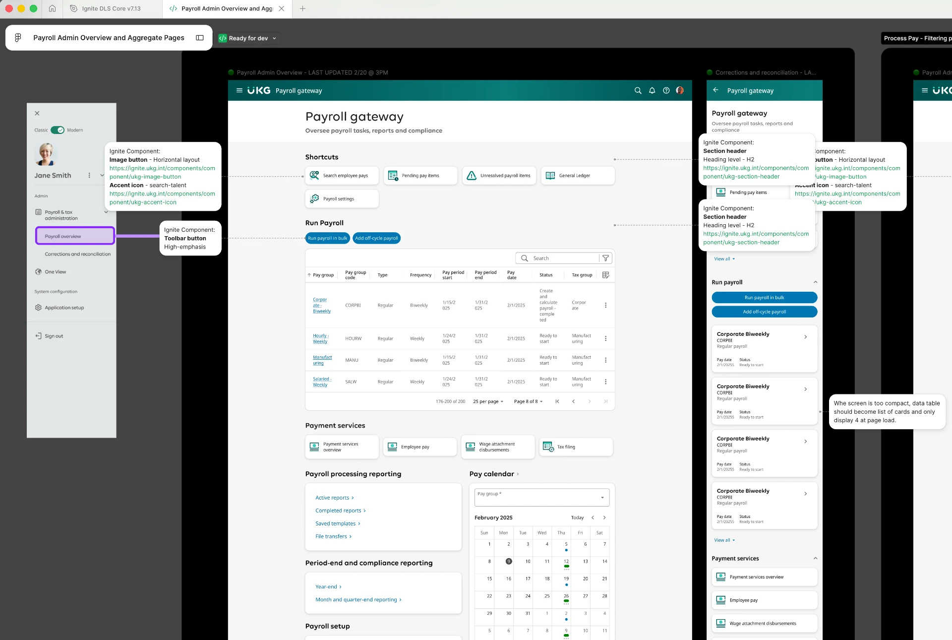 Unified UKG payroll gateway layout with shared navigation, shortcuts, and aggregate page components annotated to the design system