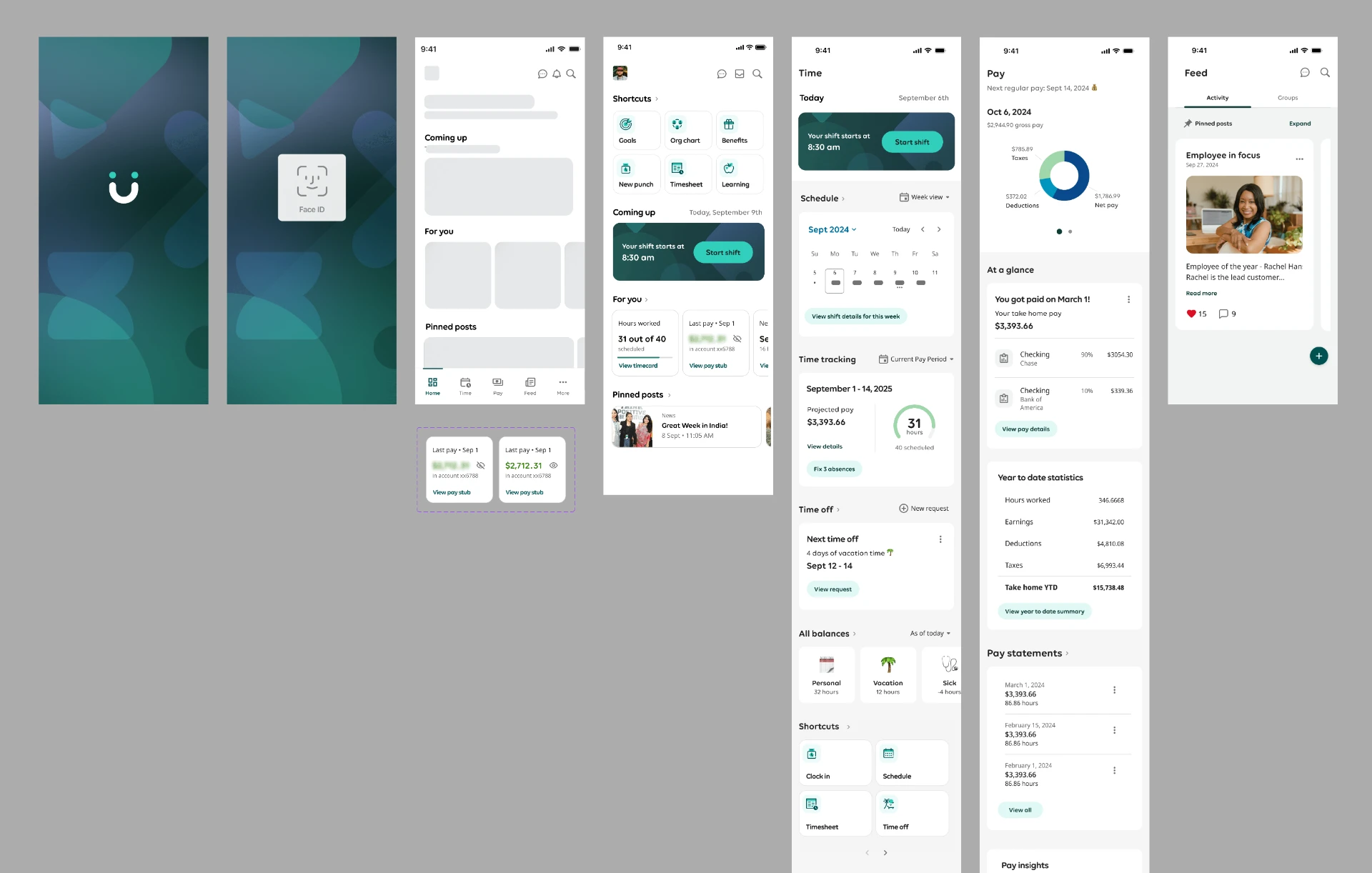 UKG mobile app screens for home, time, pay, and feed showing reusable interaction patterns