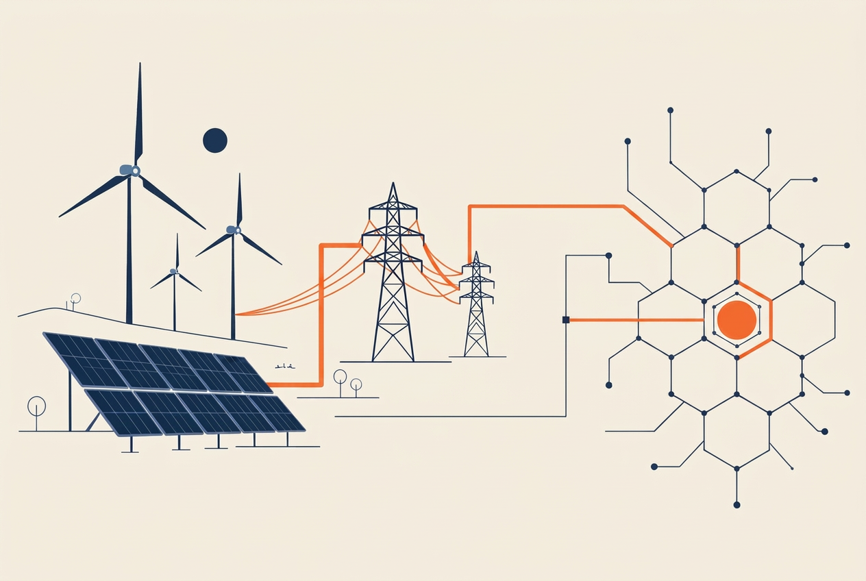 Abstract composition of wind turbines and solar panels connected to a power grid line