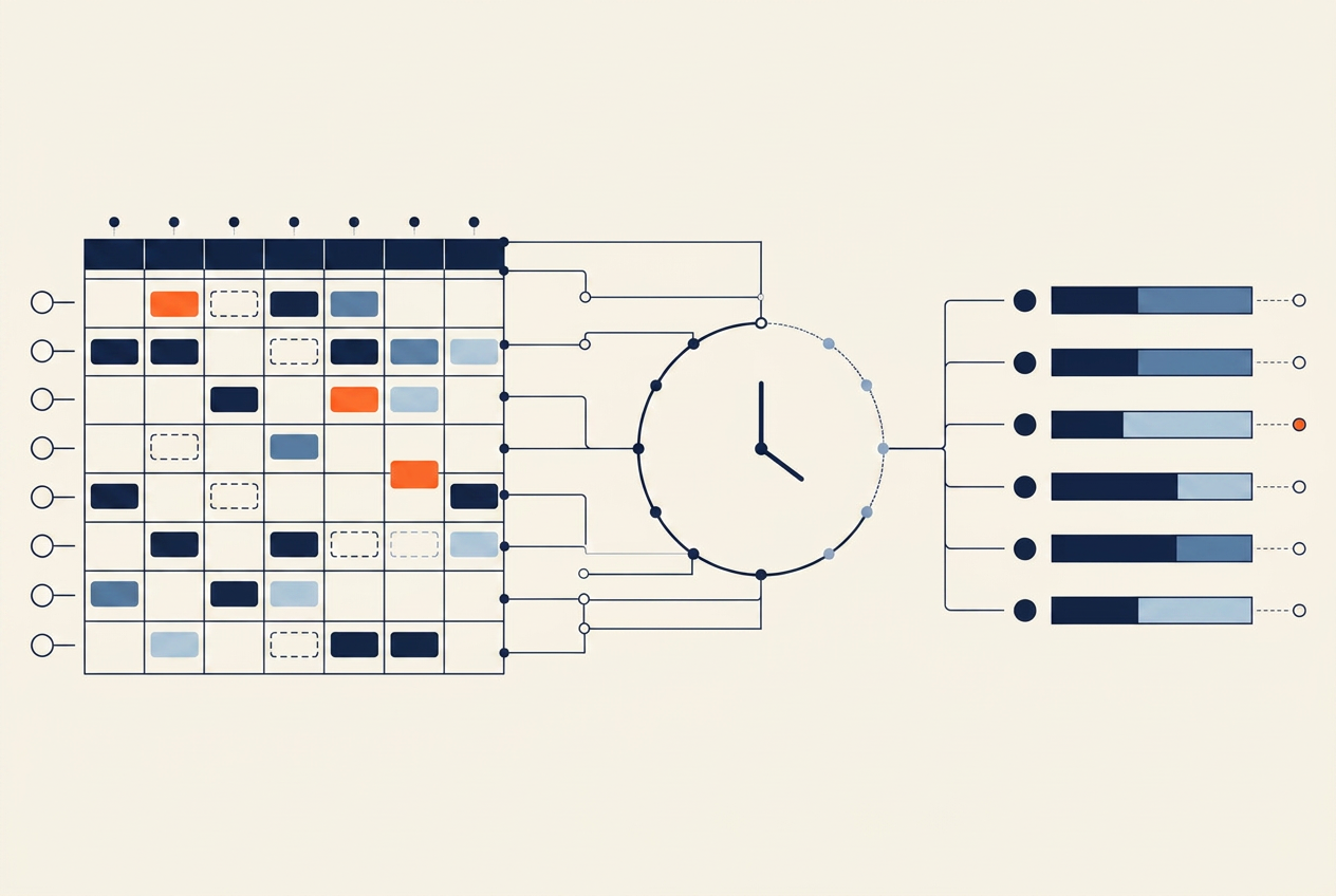 Abstract composition of schedule blocks, a clock arc, and stacked bars representing time, pay, and benefits
