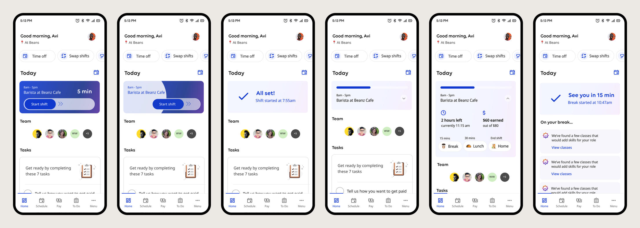 Sequence of UKG mobile home screens showing the shift day from start shift through break and end of shift