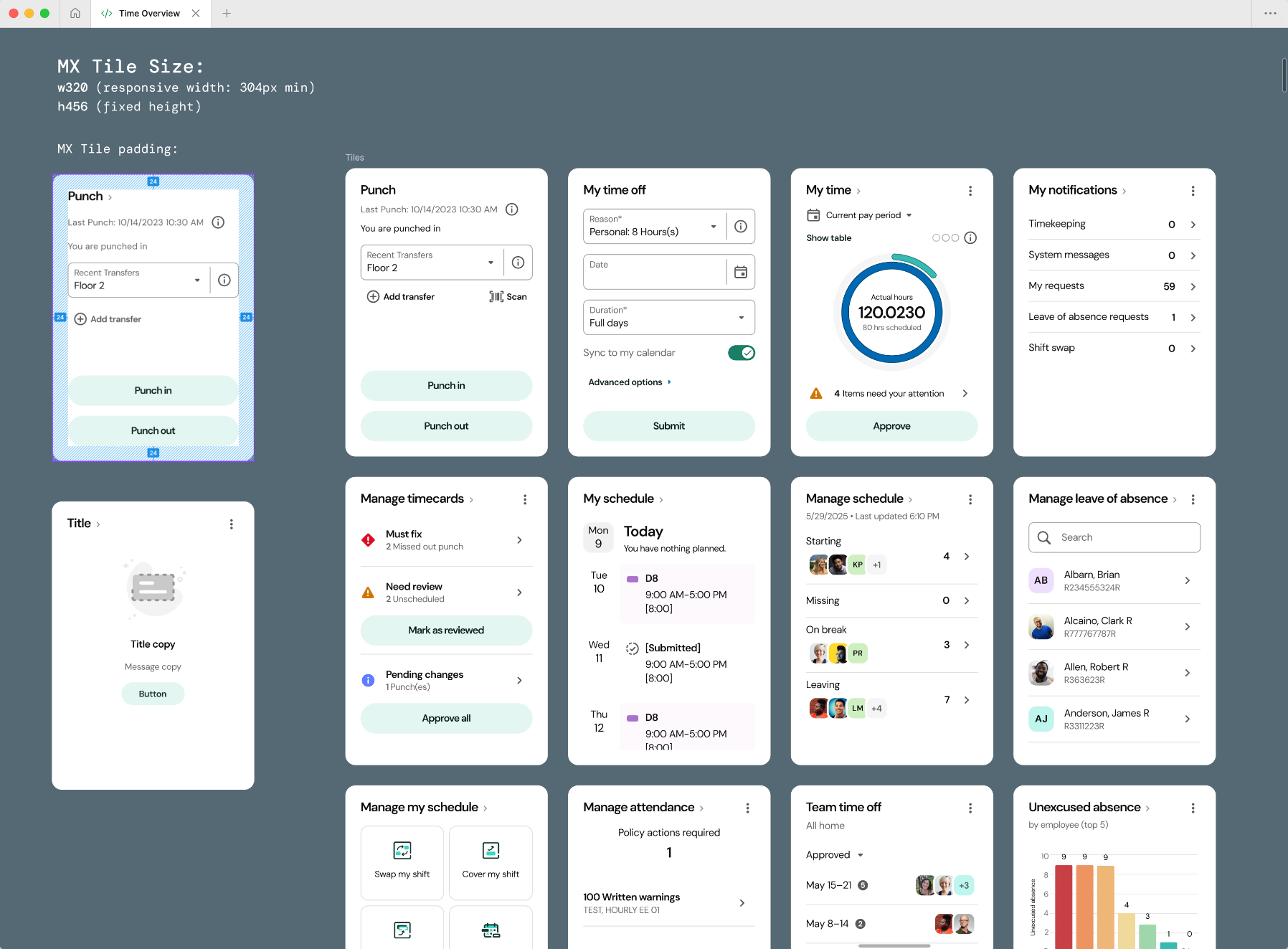 Workforce management dashboard tiles for punch, time off, schedules, timecards, and notifications with sizing specs